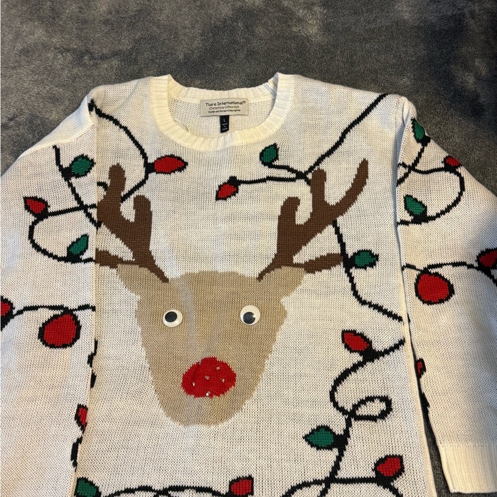 Light Up Reindeer Sweater - Cream, Red, and Brown